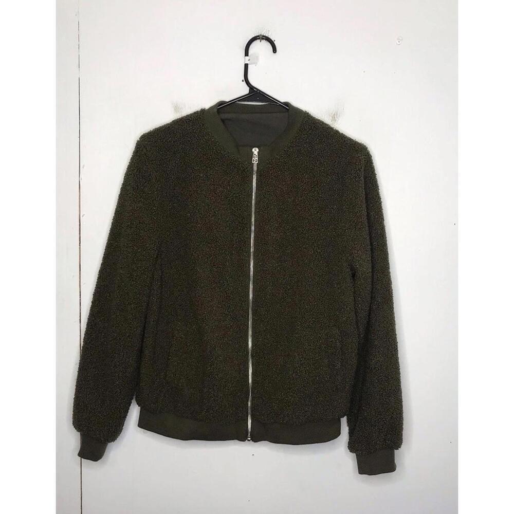 Bomber Jacket Womens Small Army Green Boucle Sherpa Lined Casual Granola